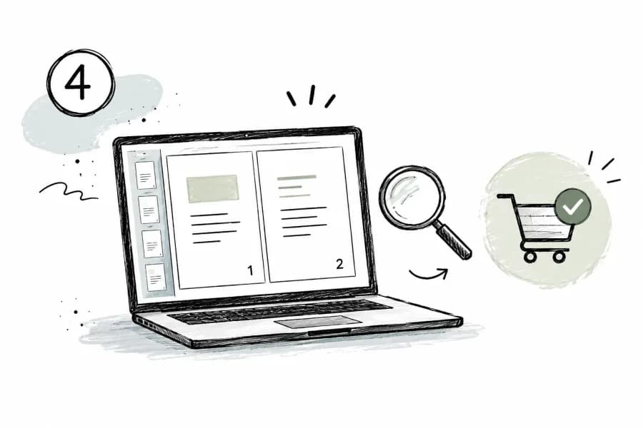 Illustration einer Bestellvorschau mit Laptop, Lupe und Bestellbestätigung